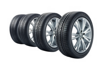Set of four car tires with silver alloy wheels isolated on transparent background. Row of new car tires with silver rims ready for installation or sale
