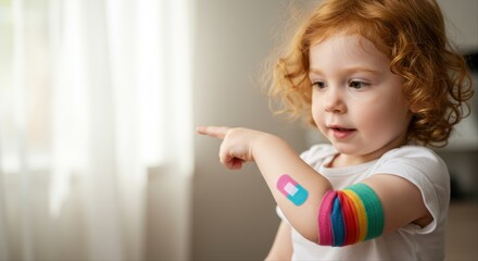 Young girl pointing with colorful bandage on arm in bright room  