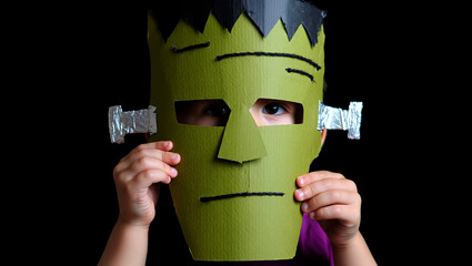 Kid wearing a handmade Frankenstein mask made of cardboard
