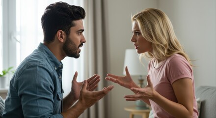 Young couple arguing over finances while sitting on a sofa indoors at home  