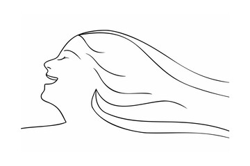 Joyful woman with flowing hair face profile
