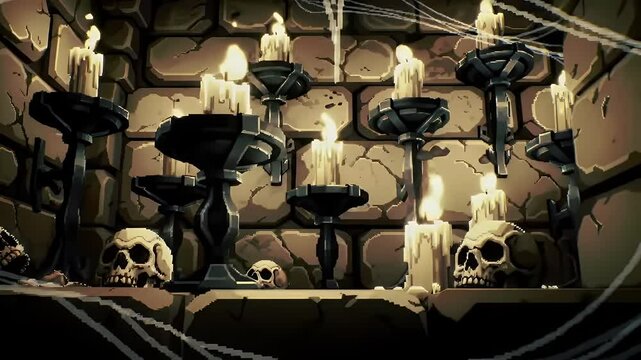 Dark Spooky Pixel Art Image Featuring Stone Wall with Candelabras Skulls Spiderwebs and Candles Creating a Gothic