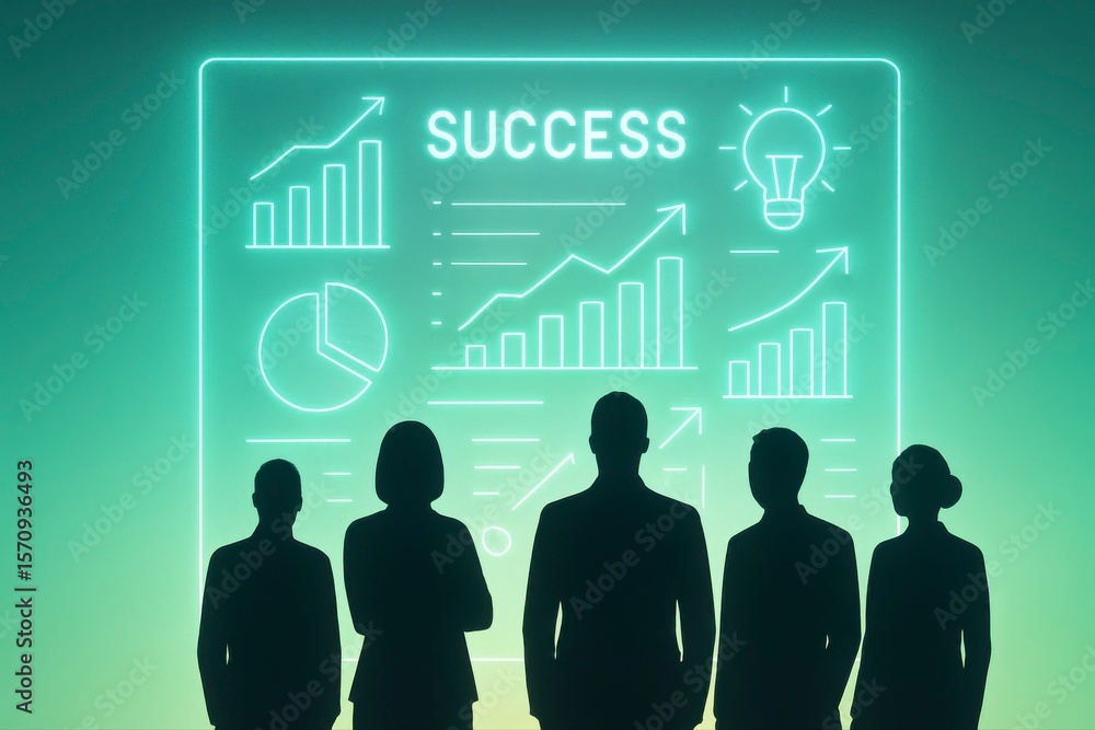 Poster silhouetted team viewing success charts on a glowing screen display