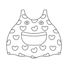 Sundress. Sketch. Cute dress with suspenders, a pocket and buttons, decorated with a pattern of hearts. Vector illustration. Outline on an isolated white background. Doodle style. Coloring book.