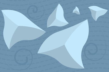 Iceberg, wave, current. Top view. Color vector illustration. Cluster of blue ice blocks in the middle of the rough ocean between spiral waves. Isolated blue background. Cartoon. 
