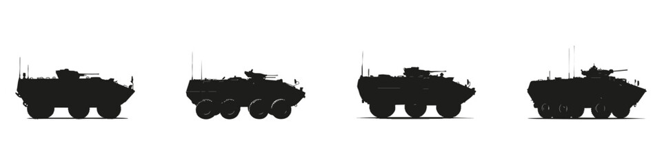 Armored Vehicle Silhouettes In Icon Set. Military Equipment And Defense Symbol Collection. Security And Tactical Use. Isolated Vector Illustration