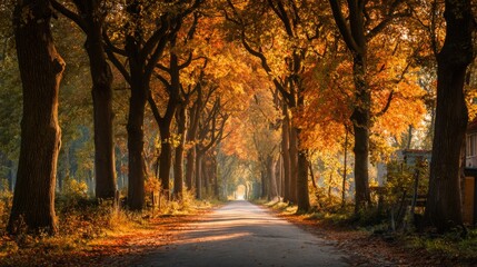 Obraz premium A high-resolution image of a tree-lined avenue in autumn, with golden leaves covering the road and a peaceful, sunlit ambiance.