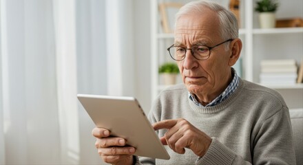 Obraz premium elderly person confused on tablet while sitting indoors in modern living room 