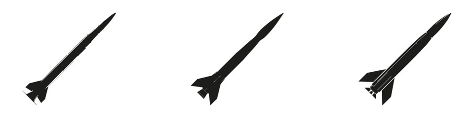 Obraz premium Rocket Silhouettes In Icon Set. Aerospace And Space Exploration Symbol Collection. Engineering And Educational Use. Isolated Vector Illustration