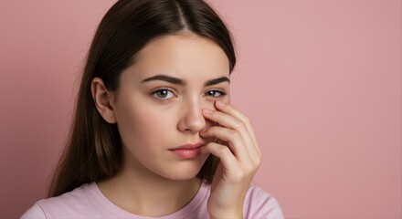 girl rubbing itchy eye and looking serious against pink background