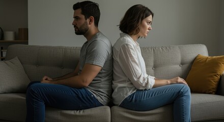 couple sitting apart on sofa upset. Couple sitting back-to-back on sofa with serious expressions indoors  
