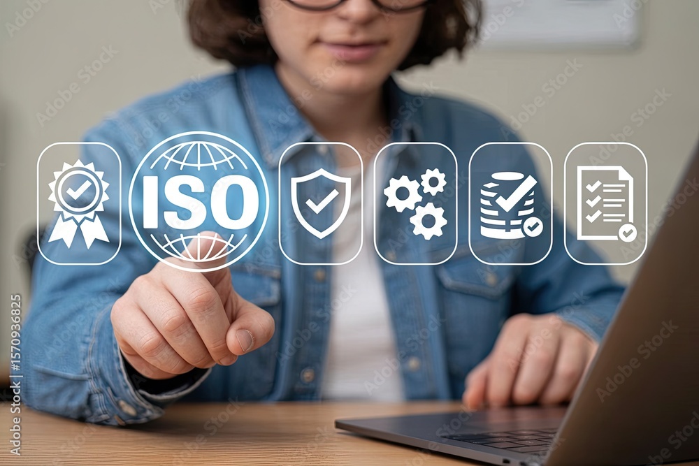 Poster person touching a digital interface displaying iso certification icons representing quality assuranc