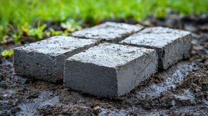 Pavers arranged on wet soil, with grass background