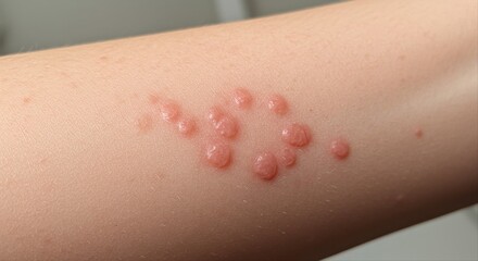 itchy rash on forearm. Skin with raised pink blisters on arm in close-up view  