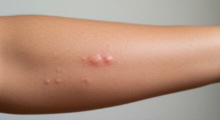  itchy, rash, forearm, Skin with bumps and irritation on arm against neutral background  