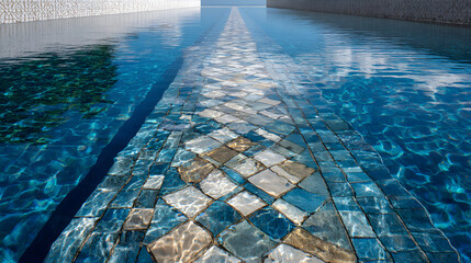 blue water reflection, Serpentine Pathway of Tiles Over Crystal Clear Water Under Blue Sky