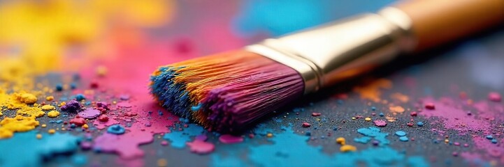 Fototapeta premium Vibrant Multicolored Paintbrush Ready for Artistic Creation Close-up View of Rich, Saturated Hues on Bristles, Inspiring Creativity and Potential