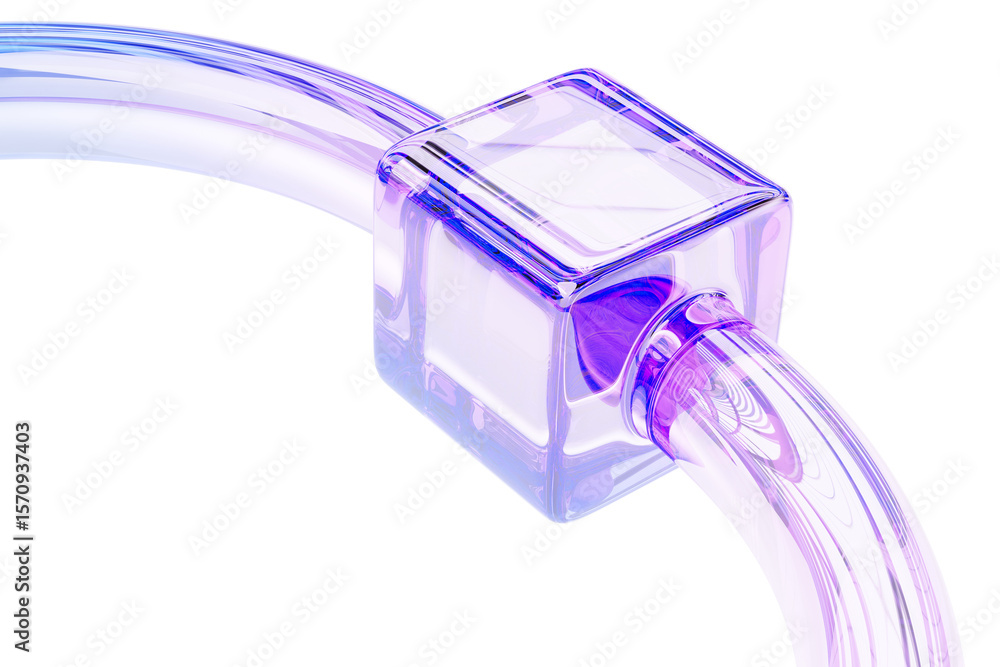 Poster 3d glass holographic cube connected to tube. abstract background with transparent gradient block and