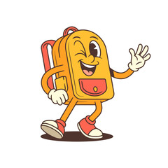 Naklejka premium Cartoon backpack character standing in a confident pose with one hand waving and a wide smile. Perfect for school-related designs, branding or kid-friendly content. Playful and fun vector illustration