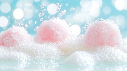 Obraz premium Pink balls submerged in foamy suds, bubbly aqua background