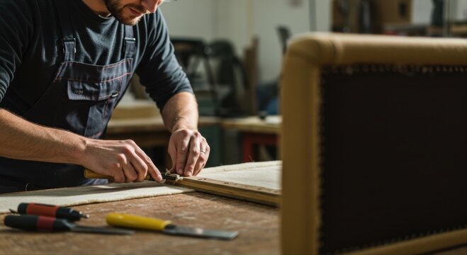 male upholsterer. Carpenter working on upholstered furniture in workshop with tools  