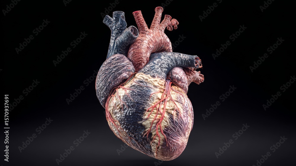 Poster a highly detailed d rendering of a human heart with visible arteries and veins, set against a dark b