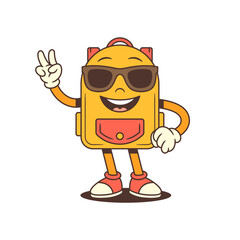 Backpack mascot with sunglasses giving a strong thumbs-up, radiating confidence and pride. Ideal for themes of approval, success, and positivity. Vector illustration