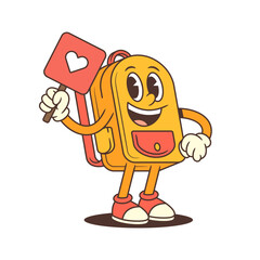 Cartoon-style backpack character holding a sign with a heart symbol and smiling brightly. Ideal for school-themed content, social media or educational promotions. Vector illustration