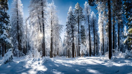Majestic Winter Panorama of Towering, Snow-Blanketed Trees Illuminated by Radiant Sunlight over a Pristine, Crystal Landscape