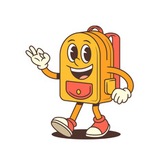 A cheerful anthropomorphic backpack character stands waving in a welcoming pose, radiating positivity and approachability. Perfect for education content, or childrens products. vector illustration