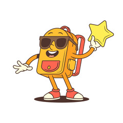 Stylish backpack character wearing sunglasses holds a glowing star while beaming with excitement and joy. Great for celebratory, digital or pop culture-themed content. vector illustration