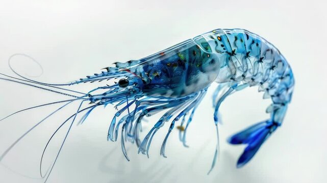 A close-up shot of a blue shrimp on a white surface, ideal for use in science or nature-themed designs