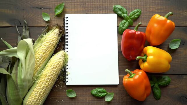 Fresh Corn and Colorful Bell Peppers with Basil Leaves Around a Blank Notebook on Dark Wooden Surface