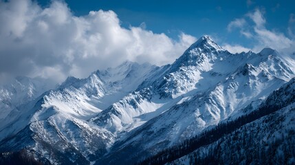 Mesmerizing Vista: Pristine Snow-Adorned Mountains Beneath a Vivid Azure Sky Inspiring Natural Introspection