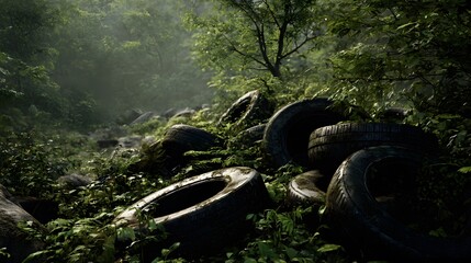 Impactful Realistic Photograph of Discarded Tires in a Forest Highlighting Environmental Damage and Human Intervention in Nature
