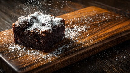 Gourmet Chocolate Brownie on Vintage Wooden Board with Delicate Powdered Sugar: A Harmonious Blend of Texture and Flavor for Dessert Aficionados