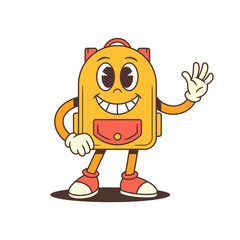 Playful backpack mascot waves with one hand, smiling brightly in a warm, open pose. Ideal for welcoming scenes, educational branding, or cheerful character content. vector illustration