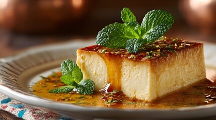 Exquisitely Crafted Flan Dessert with Mint and Caramel Accents in a Warm Vintage Setting