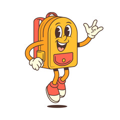 Energetic backpack mascot jumps with one leg raised, waves with one hand, and flashes a peace sign with the other, radiating fun and approachability. Perfect for playful branding. vector illustration