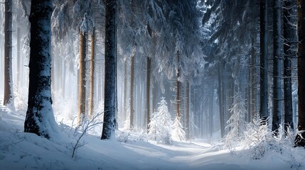 Captivating Winter Landscape of Snow-Covered Trees Immersed in Gentle Morning Light Creating a Tranquil Forest