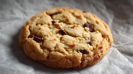 Warm cookie with outer crunch and inner softness resting on baking paper