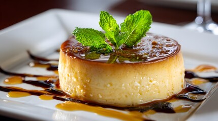 Artistic Presentation of a Silky Flan Dessert with Mint Garnish and Caramel Drizzle Under Ambient Lighting