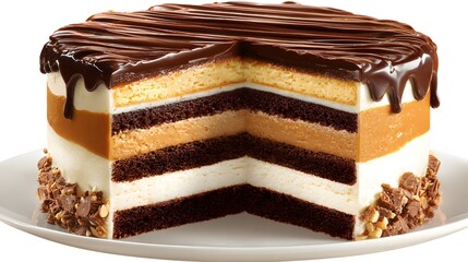 Gourmet Layered Cake Showcasing Smooth Caramel and Chocolate Creams with Glossy Buttercream and Artistic Presentation