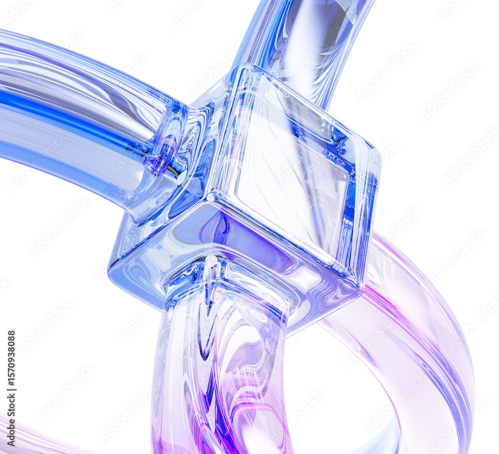Poster gradient abstract glass 3d background. crystal holographic transparent cube connected to lines. blue