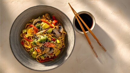 Aerial Perspective of a Stirfried Noodle Masterpiece with Colorful Vegetables and Delicate Mushrooms in a Modern, Inviting Setting