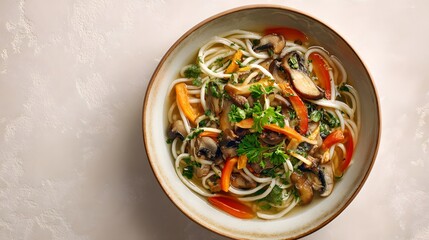 Top-Down Capture of an Artisan Noodle Bowl with Crisp Vegetables and Earthy Mushrooms in a Minimalistic Setting