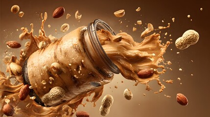 Vivid artistic rendering of a premium peanut butter jar featuring delicately incorporated whole nuts, offering a rich blend of flavors and healthful energy
