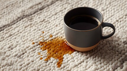 Elegant Modern Coffee Mug Scene on Nordic Rug with Artistic Coffee Spill Detail for Background Advertising