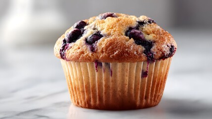 High-Resolution Artistic Visualization of a Freshly Baked Blueberry Muffin on a Radiant White Countertop with a Perfectly Browned Top, Luscious Blueberry Bursts, and Authentic Fluffy Texture