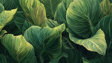Hyperrealistic Digital Painting Desktop Wallpaper Showcasing Broad Tropical Leafy Patterns and Luminous Green Shades for an Invigorating Calming Experience